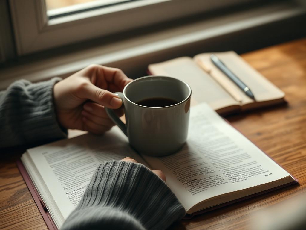 Hands holding a warm mug beside an open notebook in soft window light
