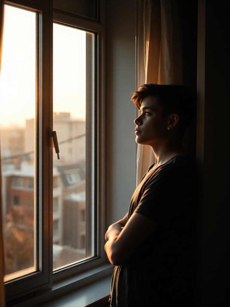 A young adult looking out an apartment window in soft morning light