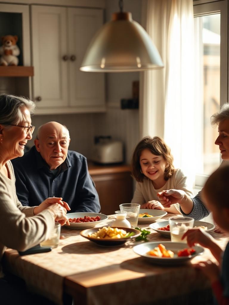A multi-generational family sharing a meal at a sunlit kitchen table