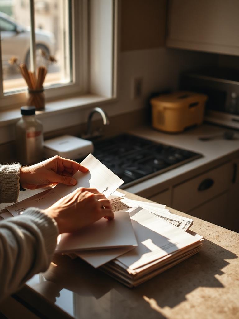 Hands sorting through mail at a sunlit kitchen counter