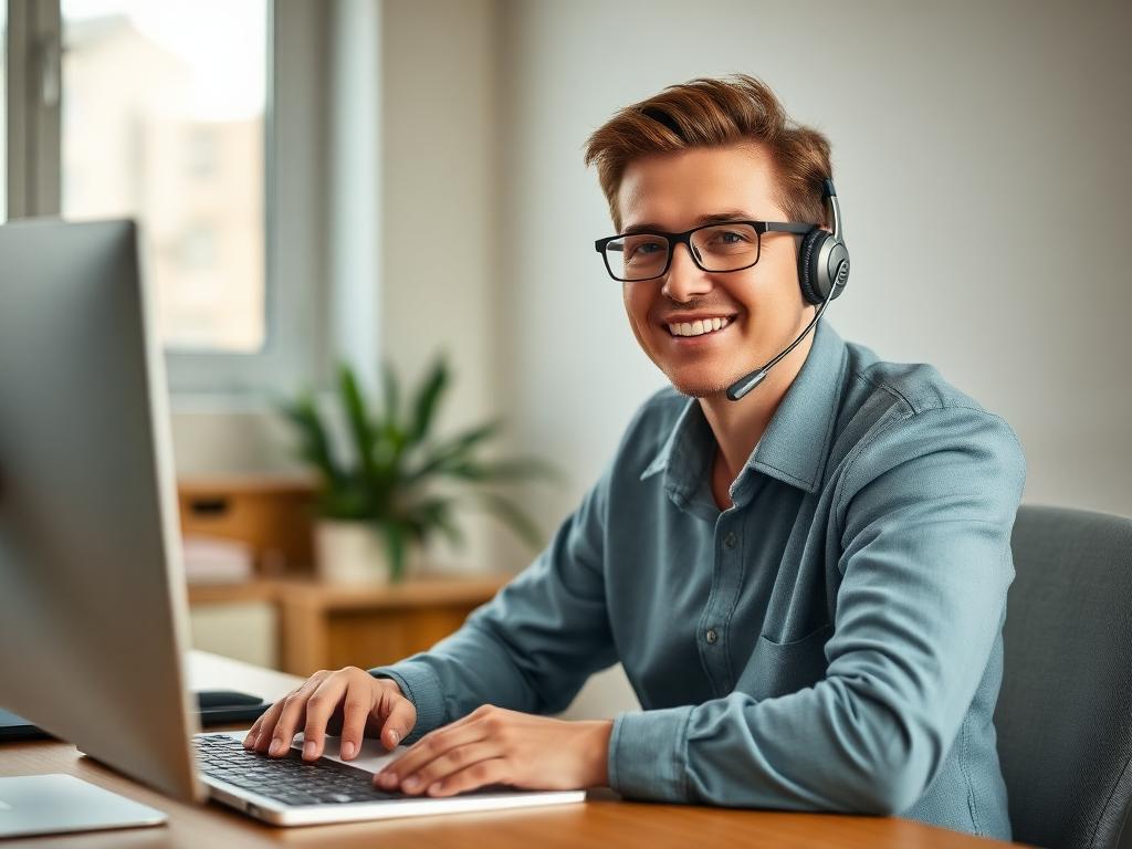 A calm advisor at a tidy desk wearing a headset