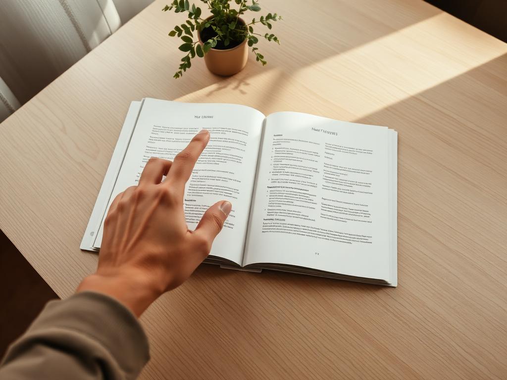 A hand resting on an open guide on a sunlit wooden table