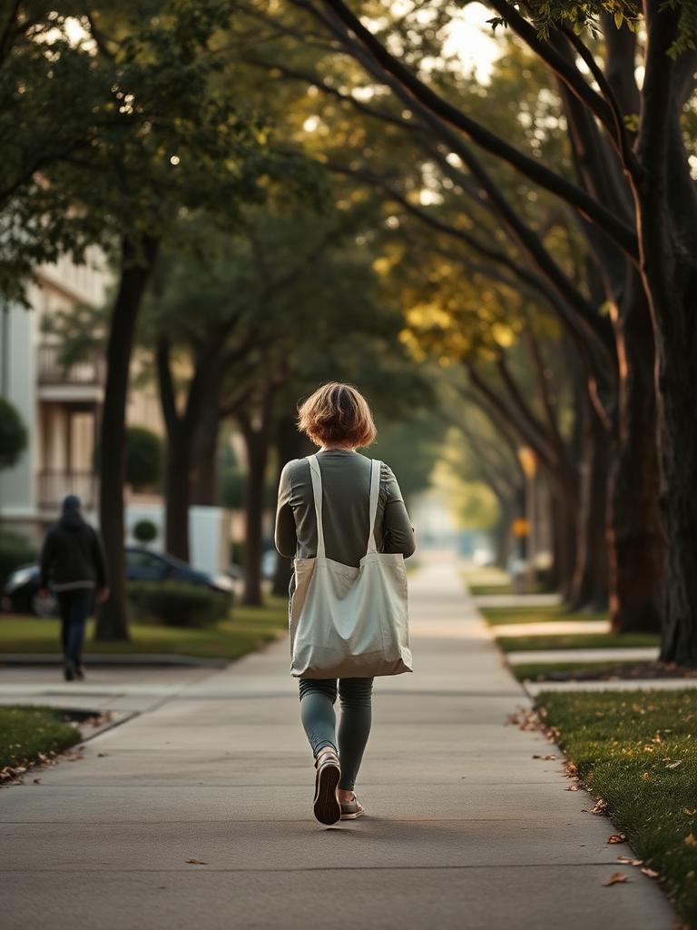 A person walking along a quiet tree-lined sidewalk